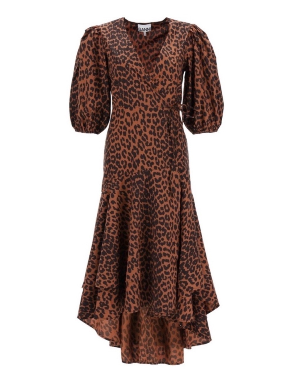 Ganni Brown & Black Leopard-Print High-Low Wrap Dress Like New